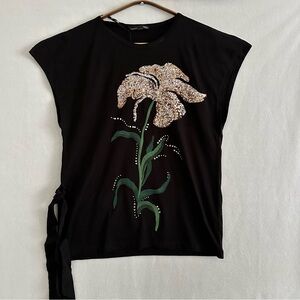 NWT Zara Women’s T-shirts Floral Sequins Black Sleeveless Size S